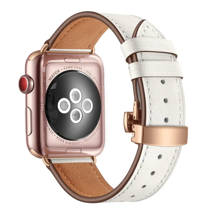 真皮 + 蝴蝶玫瑰金扣替換錶帶，適用於 Apple Watch Series 6 & SE & 5 & 4 40mm / 3 & 2 & 1 38mm，玫瑰金扣適用於 Apple Watch Series 7 41mm / 6 & SE & 5 & 4 40mm / 3 & 2 & 1 38mm