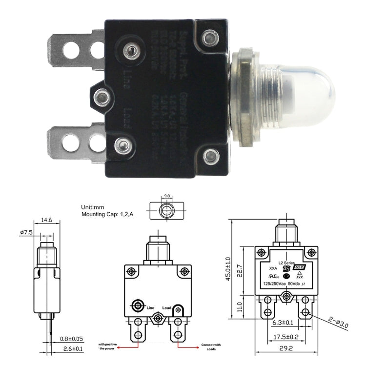 L2 Series 50V Car Overload Protector Manual Reset DC Circuit Breaker with Waterproof Cover, 5A, 10A, 15A, 20A, 30A