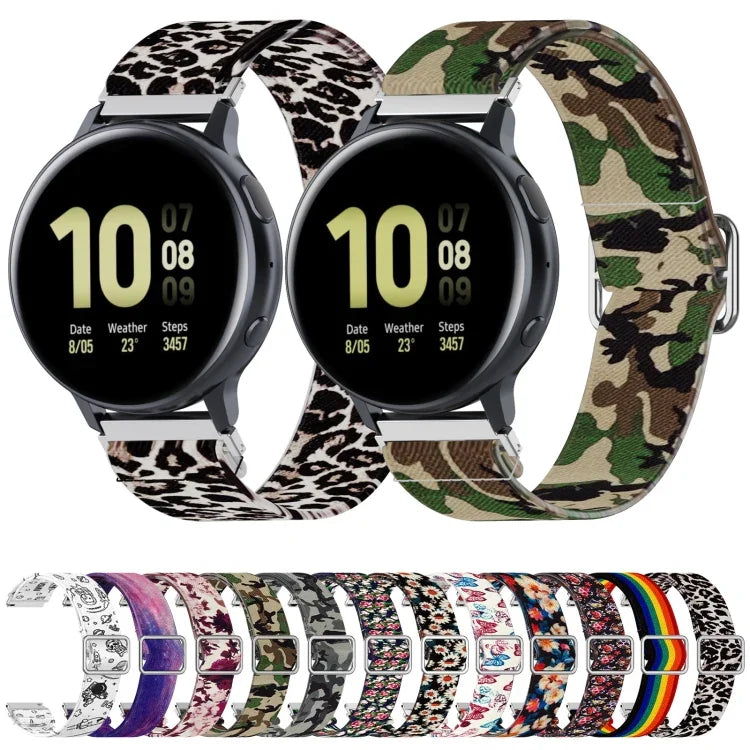 可調節彈性印花替換錶帶，20mm 適用於 Samsung Galaxy Watch Active2 / Active，22mm 適用於 Galaxy Watch3 45mm／華為 Watch GT 2 Pro