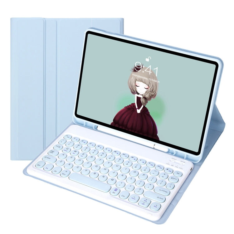 YT11B 可拆式糖果色皮革觸感紋理圓形鍵帽藍牙鍵盤皮套，適用於 iPad Air 4 2020 / Air 5 2022 / Pro 11 吋 2022 / 2021 / 2020 / 2018（白冰色），適用於 iPad Air 11 2024 / 2025 / Air 2020 10.9 吋