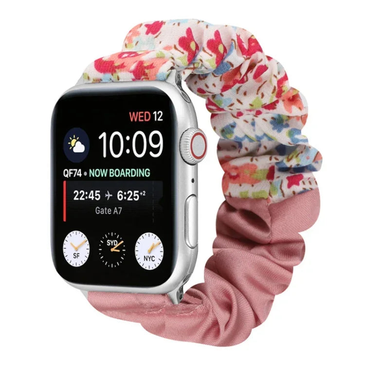 蝴蝶圖案髮圈布料錶帶，適用於 Apple Watch Ultra 49毫米 / Series 8&7 45毫米 / SE 2&6&SE&5&4 44毫米 / 3&2&1 42毫米，適用於 Apple Watch Series 8&7 41毫米 / SE 2&6&SE&5&4 40毫米 / 3&2&1 38毫米