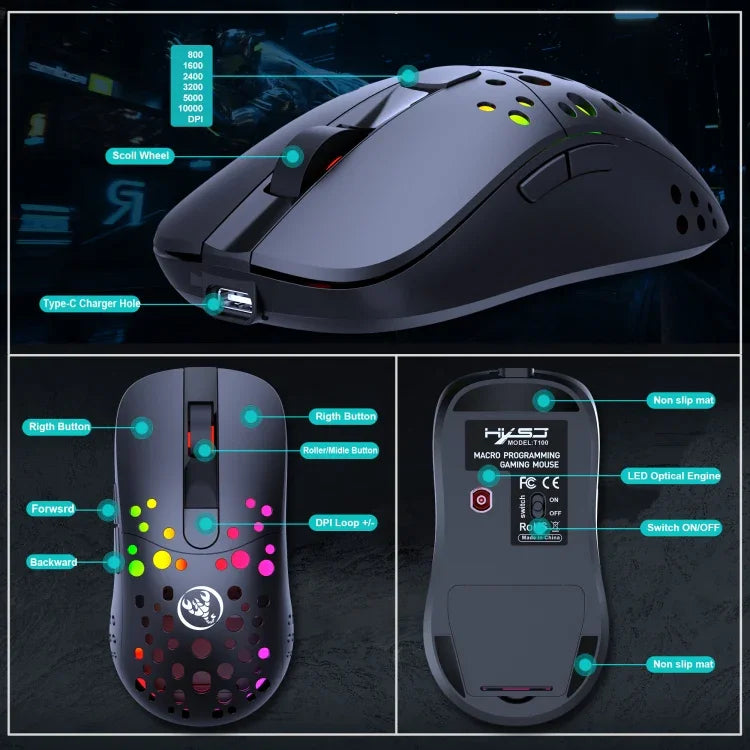 HXSJ T100 10000 DPI RGB 巨集定義有線無線雙模滑鼠