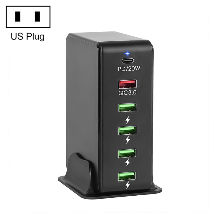 6合1 65W PD USB-C / Type-C + QC 3.0 USB + 4 USB 多埠旅行充電器，US插頭，EU插頭，UK插頭，AU插頭