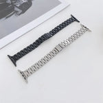 Two steel replacement watchbands for Apple Watch in black and silver, suitable for various models.