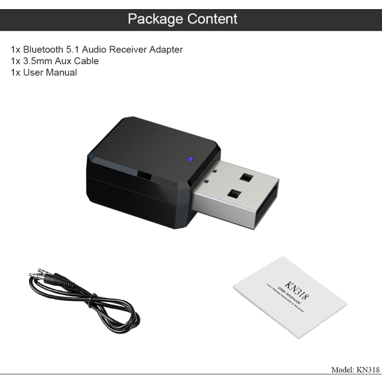 KN318 USB 藍牙5.1適配器音頻接收器, KN318