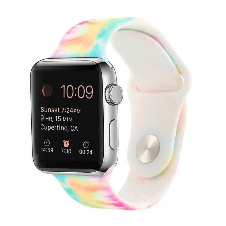 矽膠彩繪圖案替換錶帶，適用於 Apple Watch 系列，7 41mm / 6 & SE & 5 & 4 40mm / 3 & 2 & 1 38mm，7 45mm / 6 & SE & 5 & 4 44mm / 3 & 2 & 1 42mm