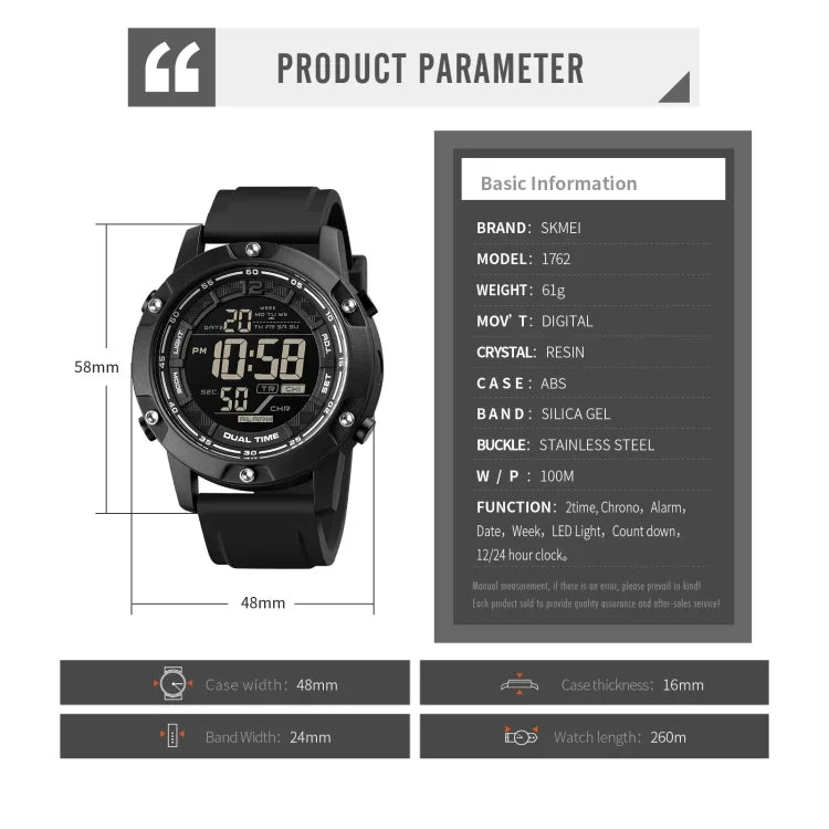 SKMEI 1762 Triplicate Round LED Dual Time Digital Display Waterproof Luminous Electronic Watch, SKMEI 1762