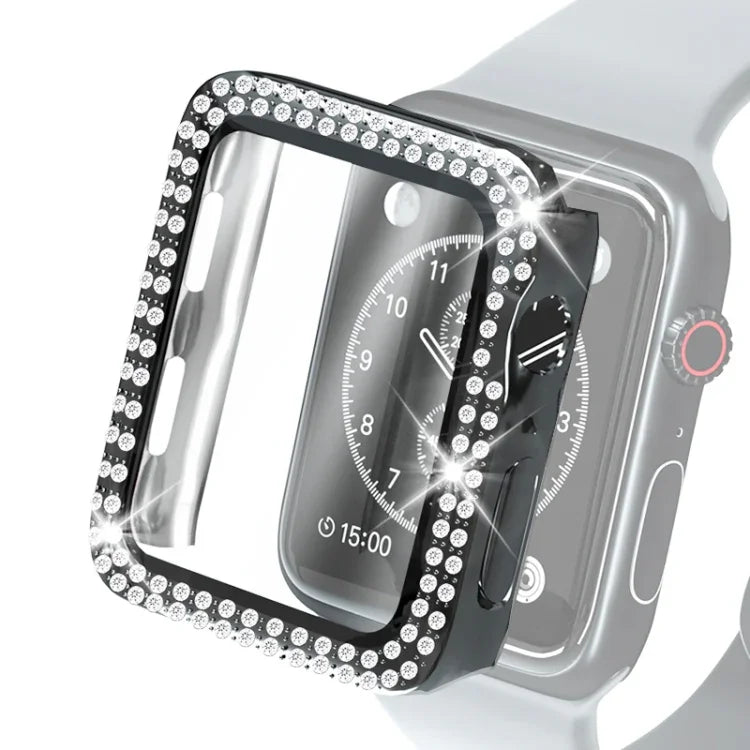 電鍍 PC 雙排鑽石保護殼，附鋼化玻璃膜，適用於 Apple Watch 系列，3 & 2 & 1 38mm，3 & 2 & 1 42mm
