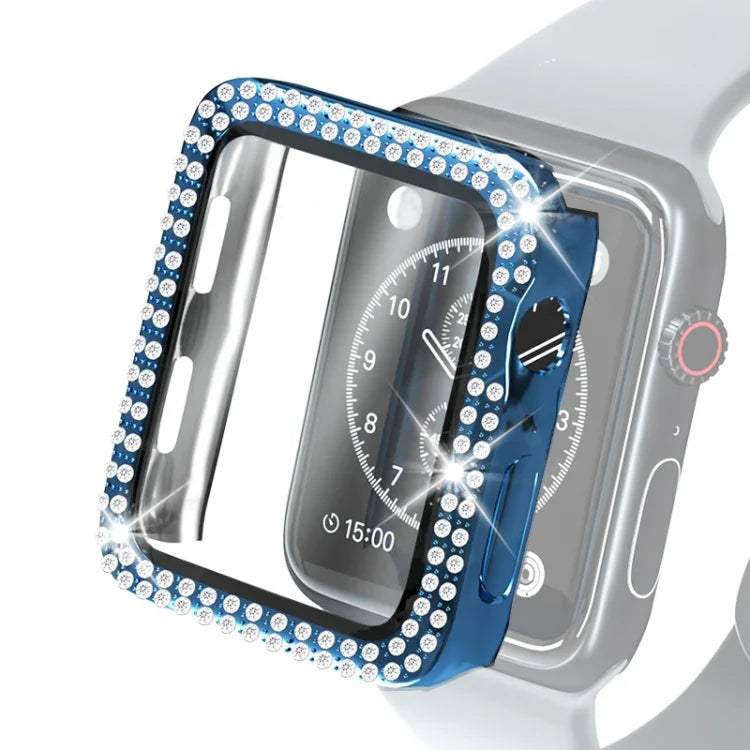 Electroplating PC Double Rows Diamond Protective Case with Tempered Glass Film For Apple Watch Series, 3 & 2 & 1 38mm, 3 & 2 & 1 42mm