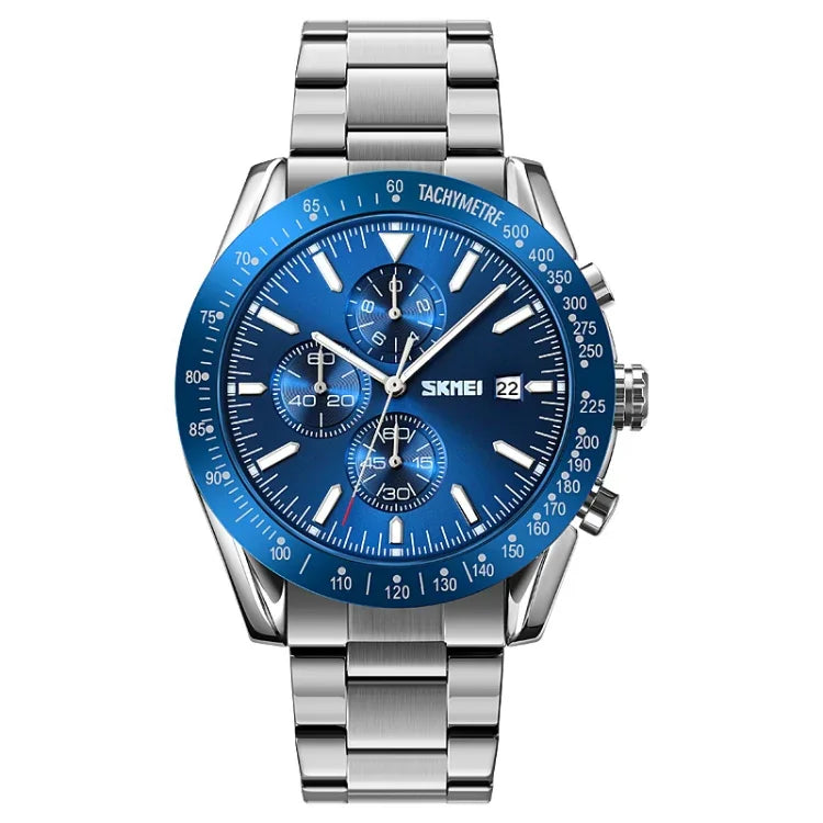 SKMEI 9253 Men Stopwatch Date Six Pin Stainless Steel Strap Quartz Watch