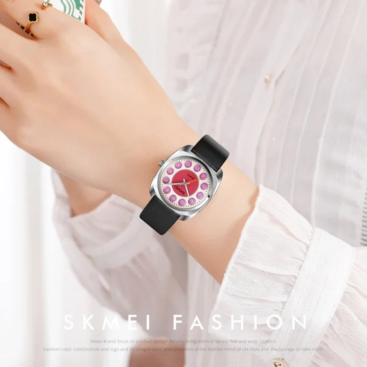 SKMEI Q029 女士電話號碼圖案錶盤皮革錶帶石英錶