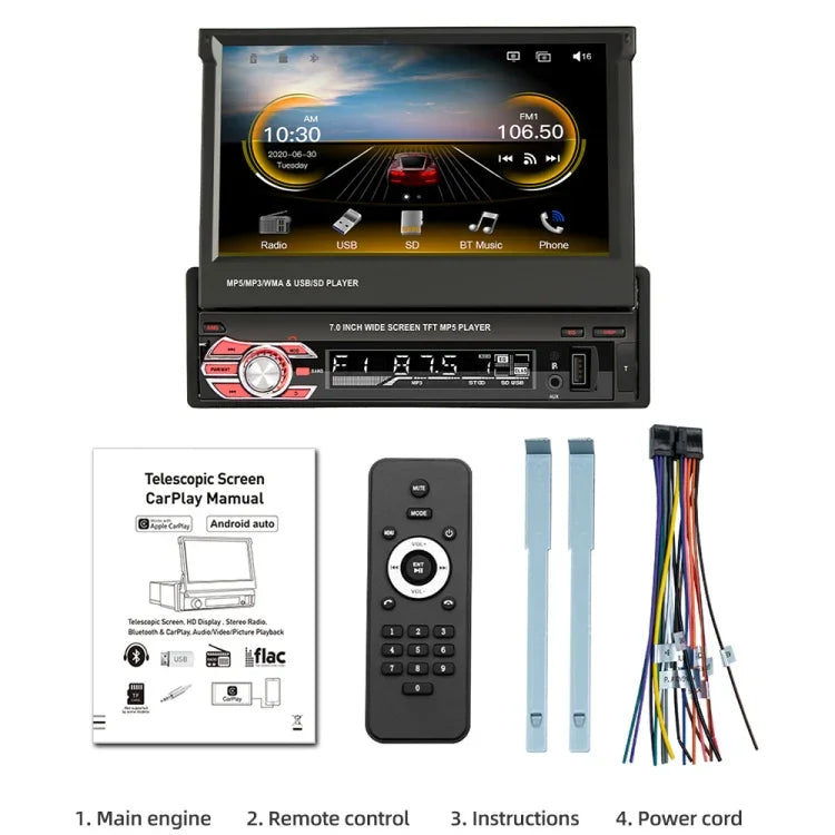 9601C 高清 7吋通用汽車手動可伸縮屏 MP5 播放器，支援 Carplay、FM、藍牙及 TF 卡, 9601C