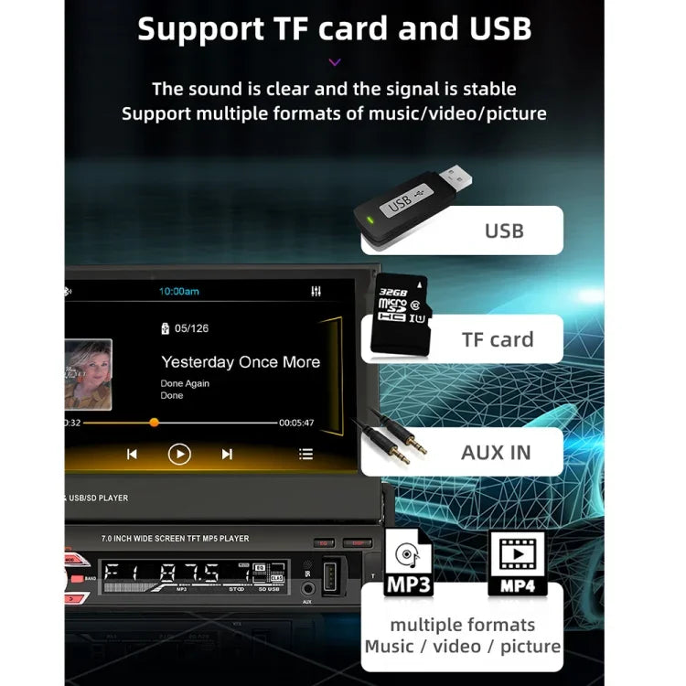 9601C 高清 7吋通用汽車手動可伸縮屏 MP5 播放器，支援 Carplay、FM、藍牙及 TF 卡, 9601C