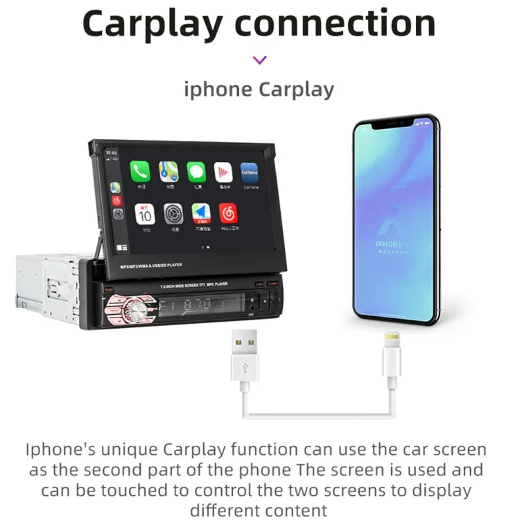 9601C 高清 7吋通用汽車手動可伸縮屏 MP5 播放器，支援 Carplay、FM、藍牙及 TF 卡, 9601C