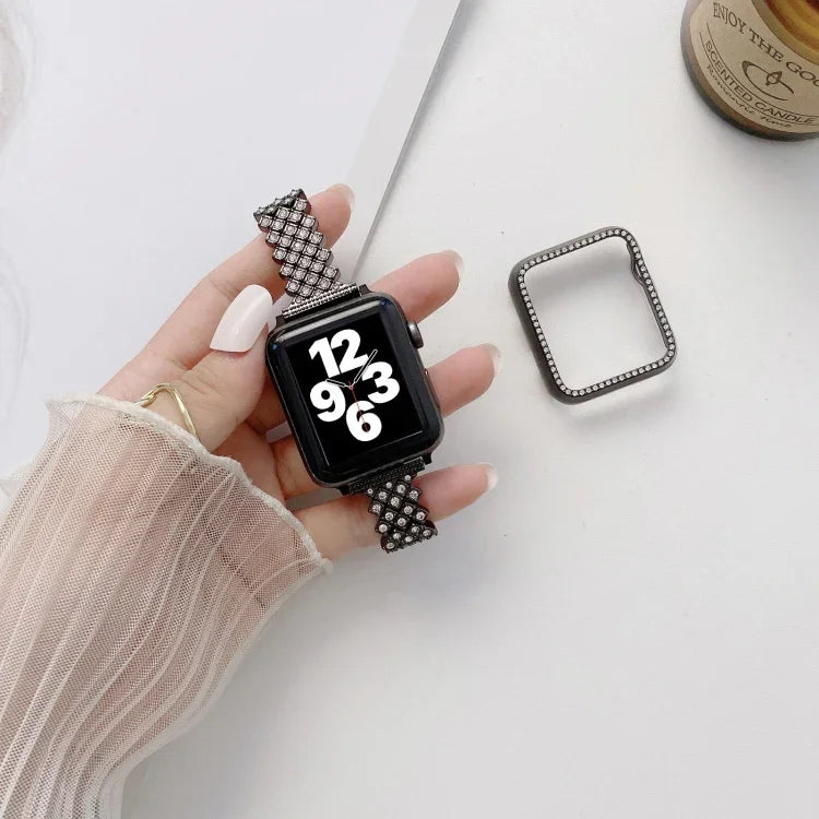 菱形全鑽金屬替換腕帶錶帶 + 保護殼，適用於 Apple Watch Series，適用於 Apple Watch Series 6 / 5 / 4 / Watch SE 40mm，適用於 Apple Watch Series 6 / 5 / 4 / Watch SE 44mm，3 & 2 & 1 42mm，3 & 2 & 1 38mm
