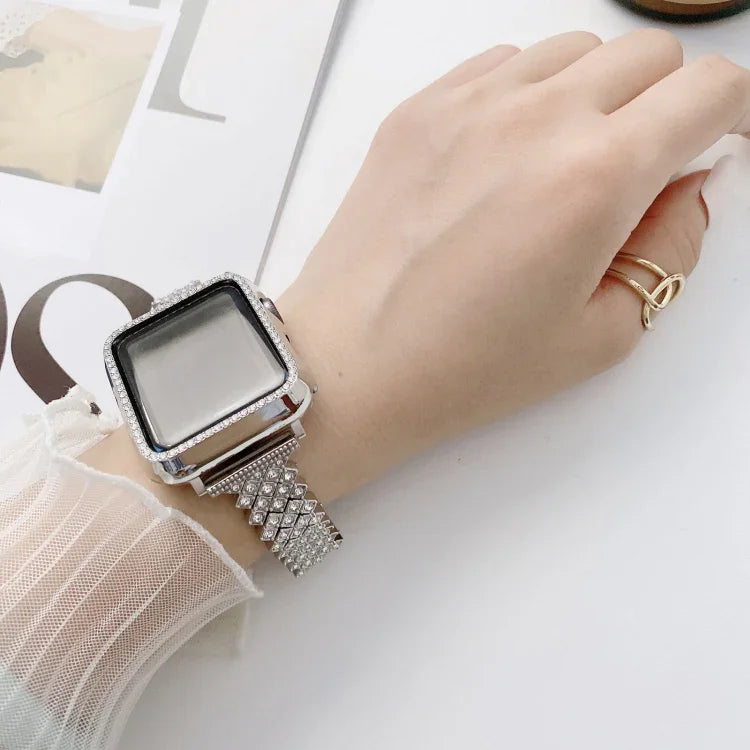 菱形全鑽金屬替換腕帶錶帶 + 保護殼，適用於 Apple Watch Series，適用於 Apple Watch Series 6 / 5 / 4 / Watch SE 40mm，適用於 Apple Watch Series 6 / 5 / 4 / Watch SE 44mm，3 & 2 & 1 42mm，3 & 2 & 1 38mm