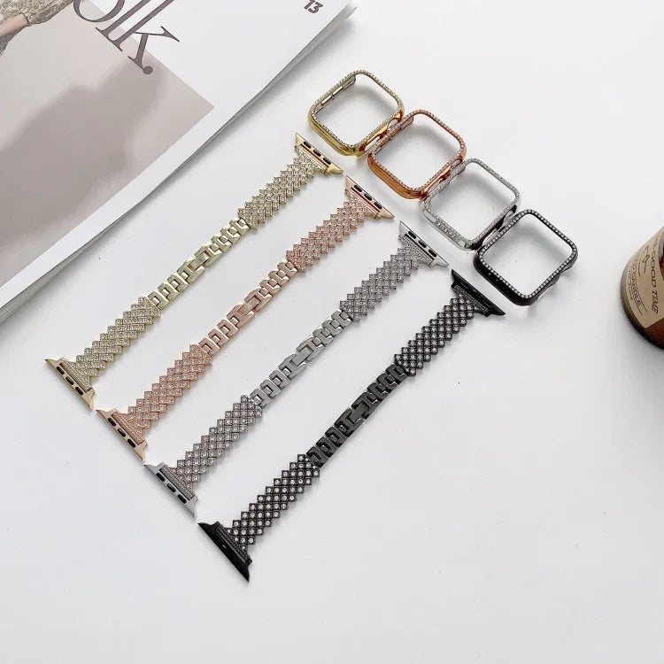 菱形全鑽金屬替換腕帶錶帶 + 保護殼，適用於 Apple Watch Series，適用於 Apple Watch Series 6 / 5 / 4 / Watch SE 40mm，適用於 Apple Watch Series 6 / 5 / 4 / Watch SE 44mm，3 & 2 & 1 42mm，3 & 2 & 1 38mm