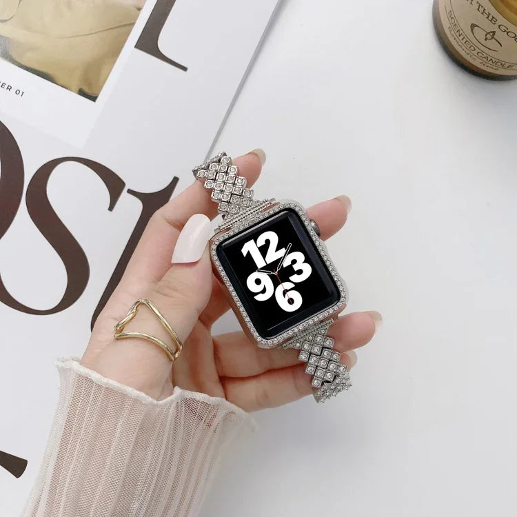 菱形全鑽金屬替換腕帶錶帶 + 保護殼，適用於 Apple Watch Series，適用於 Apple Watch Series 6 / 5 / 4 / Watch SE 40mm，適用於 Apple Watch Series 6 / 5 / 4 / Watch SE 44mm，3 & 2 & 1 42mm，3 & 2 & 1 38mm