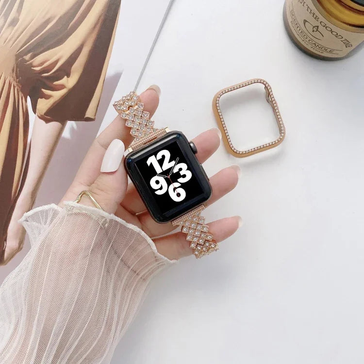 菱形全鑽金屬替換腕帶錶帶 + 保護殼，適用於 Apple Watch Series，適用於 Apple Watch Series 6 / 5 / 4 / Watch SE 40mm，適用於 Apple Watch Series 6 / 5 / 4 / Watch SE 44mm，3 & 2 & 1 42mm，3 & 2 & 1 38mm