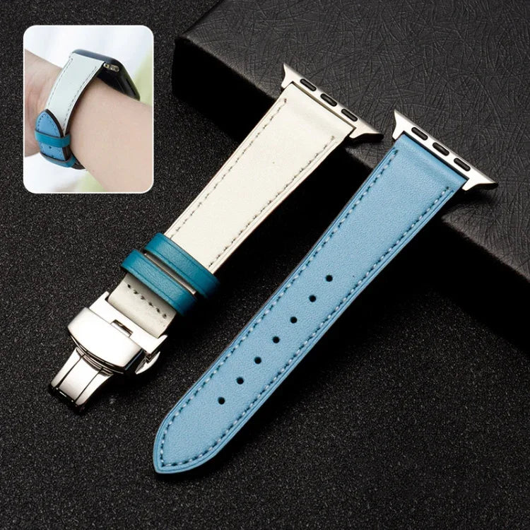 蝴蝶扣商務頂層牛皮錶帶，適用於 Apple Watch Series 8&7 41mm / SE 2&6&SE&5&4 40mm / 3&2&1 38mm，適用於 Apple Watch Series 6&SE&5&4 44mm / 3&2&1 42mm，適用於 Apple Watch Series 6&SE&5&4 40mm / 3&2&1 38mm