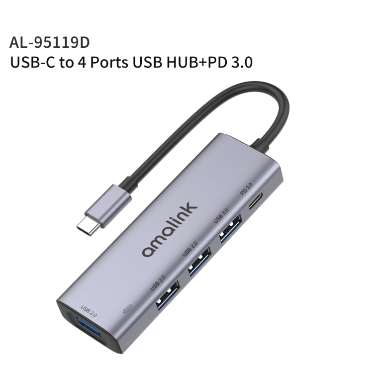 amalink 95119D Type-C / USB-C 轉 4埠 USB + PD 3.0 多功能集線器擴充座，95119D