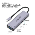 amalink 95120D Type-C / USB-C 轉 SD/TF + 3埠 USB + PD 3.0 多功能集線器擴充座，95120D