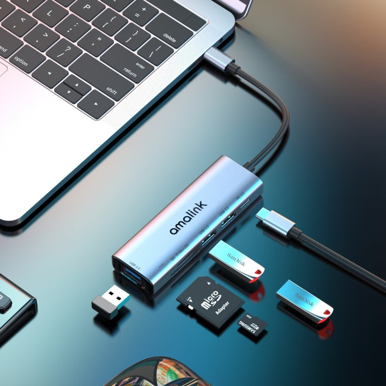 amalink 95120D Type-C / USB-C 轉 SD/TF + 3埠 USB + PD 3.0 多功能集線器擴充座，95120D
