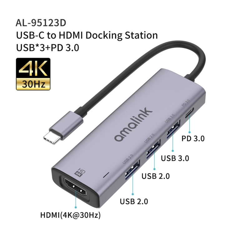amalink 95123D Type-C / USB-C 轉 HDMI + 3埠 USB + PD 3.0 多功能集線器，95123D