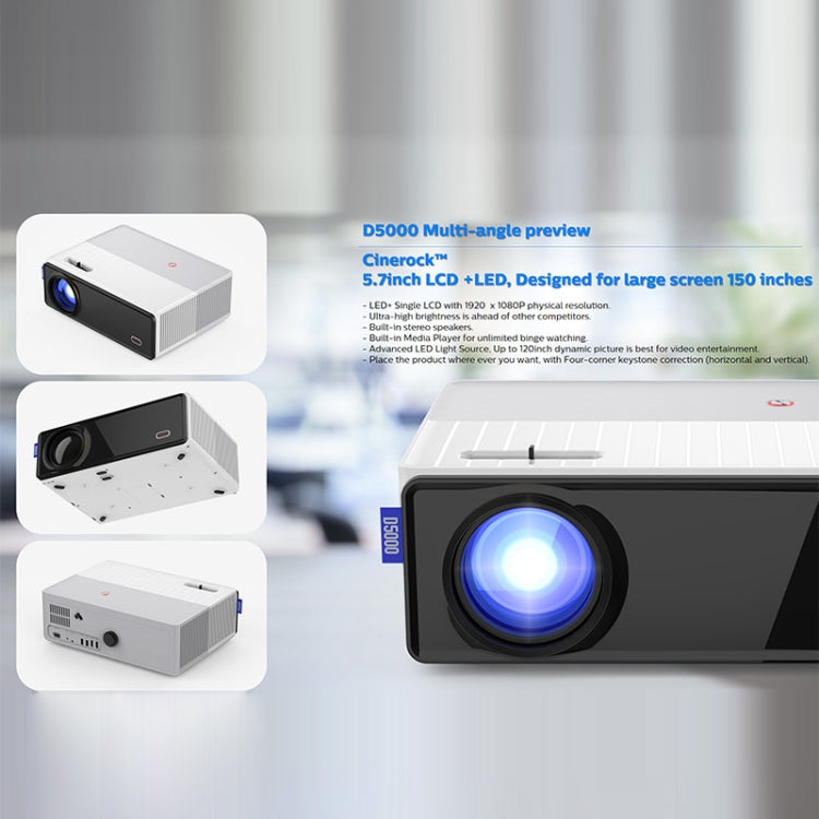 D5000 1920x1080P 420ANSI 6000流明LCD + LED高清數位投影機，基礎版，螢幕鏡像，Android 9.0