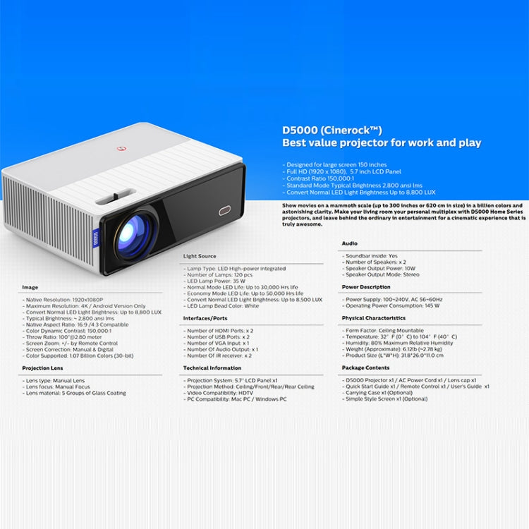 D5000 1920x1080P 420ANSI 6000流明LCD + LED高清數位投影機，基礎版，螢幕鏡像，Android 9.0