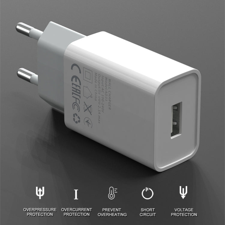 IVON AD-33 2合1 2.1A 單USB埠旅行充電器 + 1米 USB 轉 USB-C / Type-C 數據線組合，EU插頭，US插頭