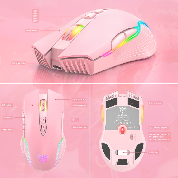 ONIKUMA CW905 2.4G RGB 燈光無線滑鼠，CW905 無線滑鼠（黑色），CW905 無線滑鼠（粉色），CW905 無線滑鼠（灰白色）