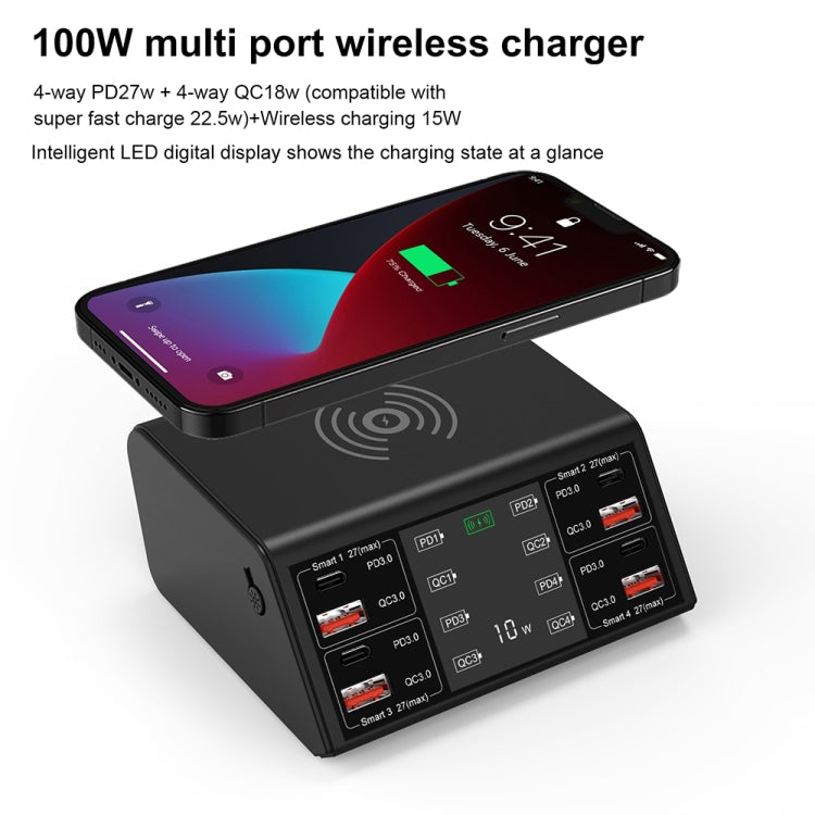 838w 9 合 1 100W 4 PD 3.0 USB-C / Type-C + 4 QC 3.0 USB 埠智能數字顯示無線充電器，EU 插頭，美國插頭，英國插頭，澳洲插頭