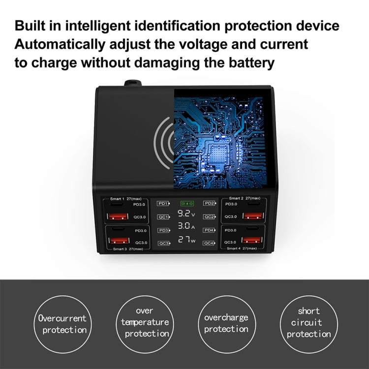 838w 9 合 1 100W 4 PD 3.0 USB-C / Type-C + 4 QC 3.0 USB 埠智能數字顯示無線充電器，EU 插頭，美國插頭，英國插頭，澳洲插頭