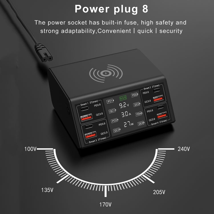 838w 9 合 1 100W 4 PD 3.0 USB-C / Type-C + 4 QC 3.0 USB 埠智能數字顯示無線充電器，EU 插頭，美國插頭，英國插頭，澳洲插頭