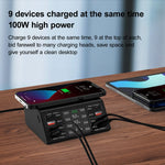 838w 9 合 1 100W 4 PD 3.0 USB-C / Type-C + 4 QC 3.0 USB 埠智能數字顯示無線充電器，EU 插頭，美國插頭，英國插頭，澳洲插頭