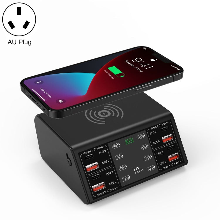 838w 9 合 1 100W 4 PD 3.0 USB-C / Type-C + 4 QC 3.0 USB 埠智能數字顯示無線充電器，EU 插頭，美國插頭，英國插頭，澳洲插頭