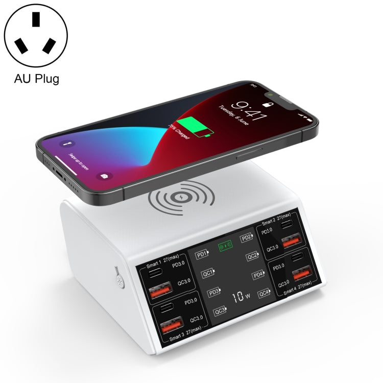 838w 9 合 1 100W 4 PD 3.0 USB-C / Type-C + 4 QC 3.0 USB 埠智能數字顯示無線充電器，EU 插頭，美國插頭，英國插頭，澳洲插頭