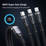 6A 66W 三合一 USB 轉 8 Pin + Micro USB + USB-C / Type-C 快充編織數據線，USB 轉 8 Pin+Micro USB+Type-C