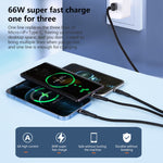 6A 66W 三合一 USB 轉 8 Pin + Micro USB + USB-C / Type-C 快充編織數據線，USB 轉 8 Pin+Micro USB+Type-C