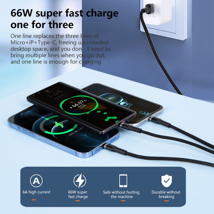 6A 66W 三合一 USB 轉 8 Pin + Micro USB + USB-C / Type-C 快充編織數據線，USB 轉 8 Pin+Micro USB+Type-C