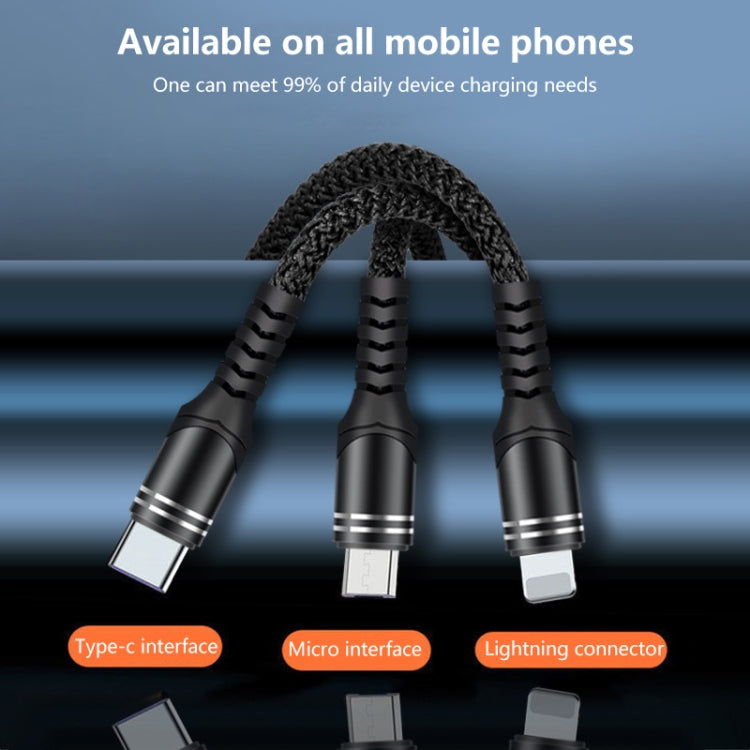 6A 66W 三合一 USB 轉 8 Pin + Micro USB + USB-C / Type-C 快充編織數據線，USB 轉 8 Pin+Micro USB+Type-C