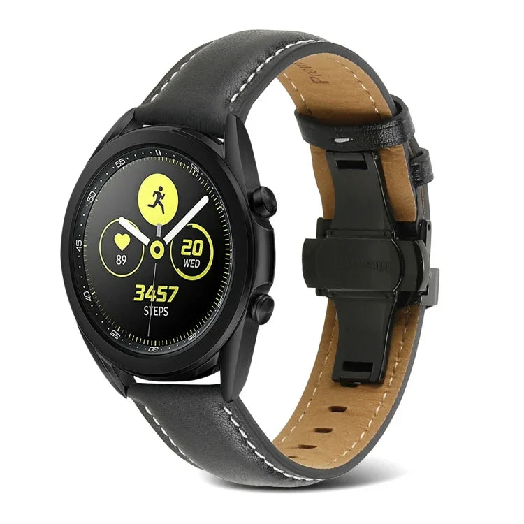 蝴蝶扣縫線真皮錶帶，適用於 Samsung Galaxy Watch4 20mm，適用於 Huawei Watch GT 3 Pro 22mm