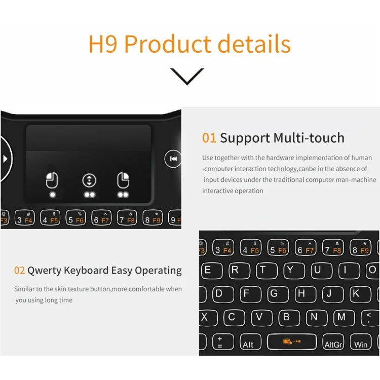 H9 2.4GHz 迷你無線空中滑鼠 QWERTY 鍵盤，帶白色背光及觸控板，適用於 PC、電視，帶白色背光