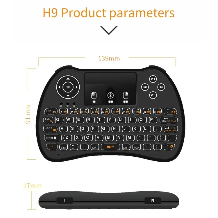 H9 2.4GHz 迷你無線空中滑鼠 QWERTY 鍵盤，帶白色背光及觸控板，適用於 PC、電視，帶白色背光