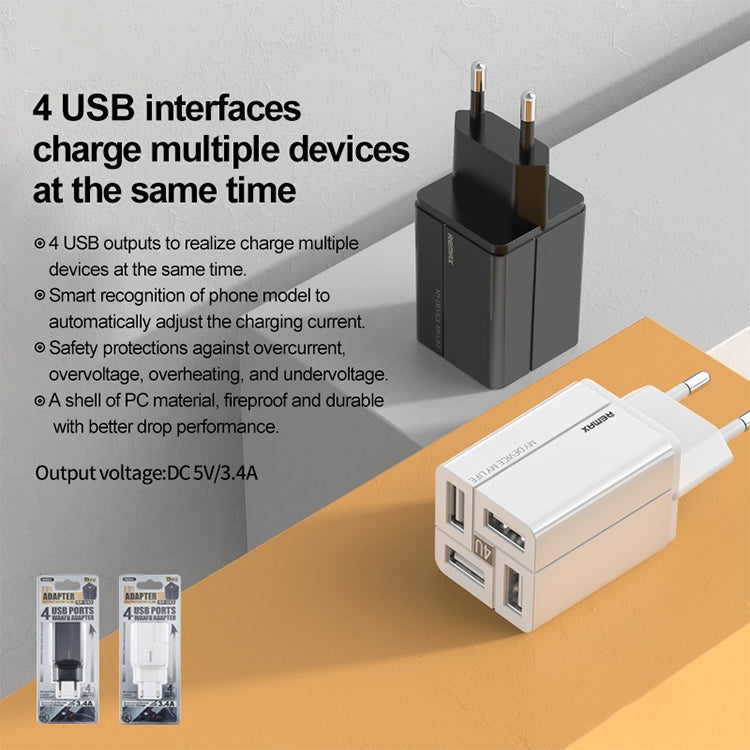 REMAX RP-U43 3.4A 4 USB埠快速充電器，EU插頭，UK插頭