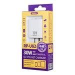 REMAX RP-U82 30W USB+USB-C/Type-C 雙介面快速充電器，中國插頭，英國插頭，美國插頭
