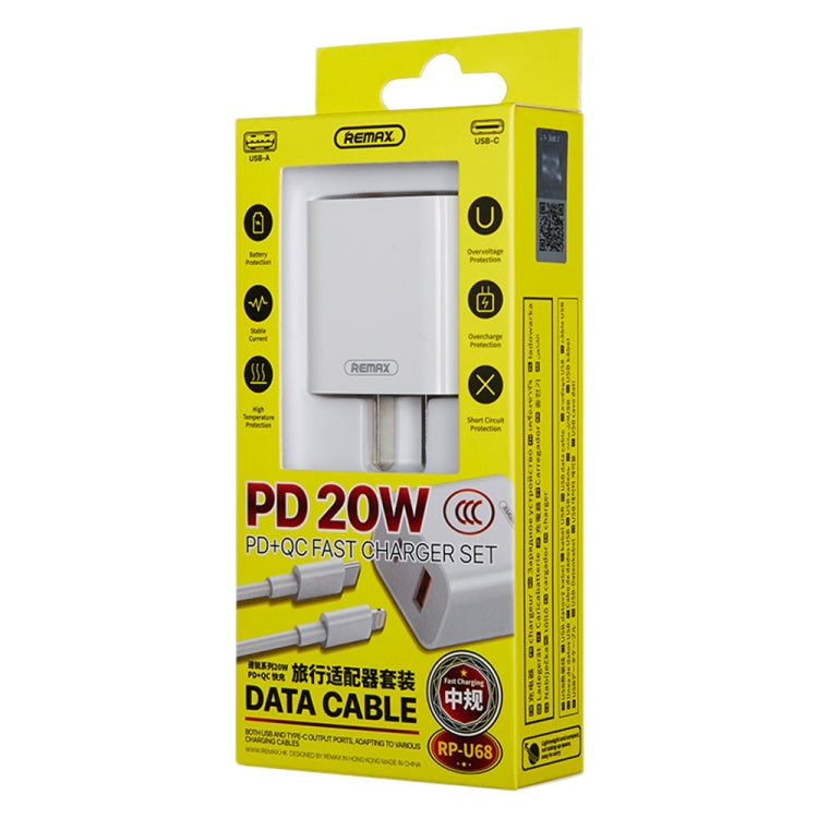 REMAX RP-U68 20W USB+USB-C/Type-C 雙介面快速充電器組，中國插頭，歐盟插頭，英國插頭，美國插頭
