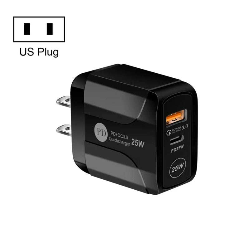 25W PD Type-C + QC3.0 USB埠旅行充電器，US插頭，EU插頭