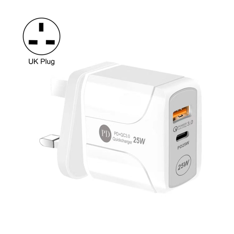 25W PD Type-C + QC3.0 USB 埠旅行充電器，英國插頭